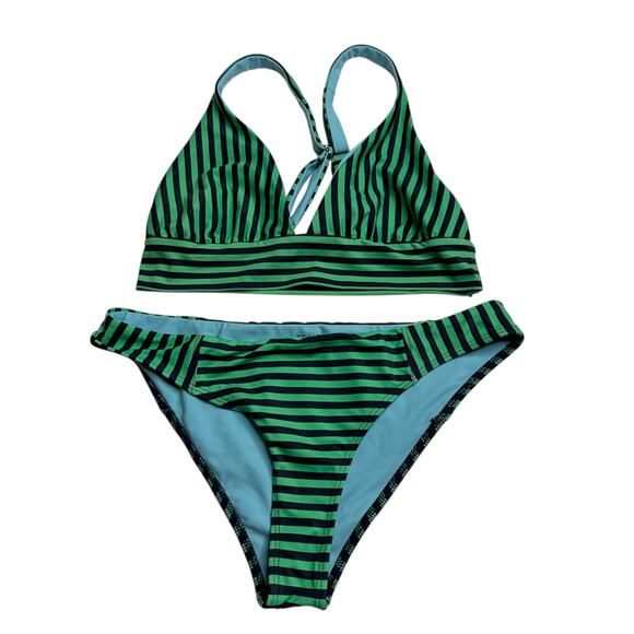 XIRENA Green Blue Striped Two Piece Bikini Swimsuit Women's Size S/M NWT - Picture 1 of 11